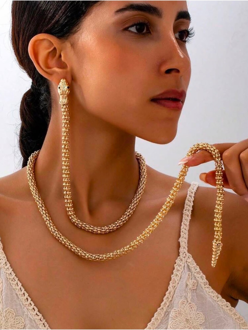 Gold Braided Serpent Necklace and Long Serpent Drop Earrings